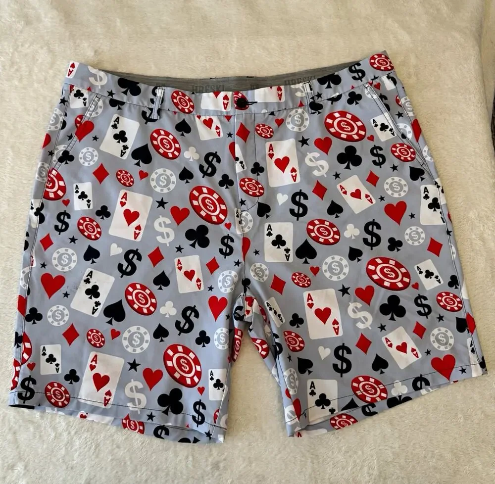 Hreski Men's Casino Print Chino Shorts Gray Microfiber Poly/Spandex 10